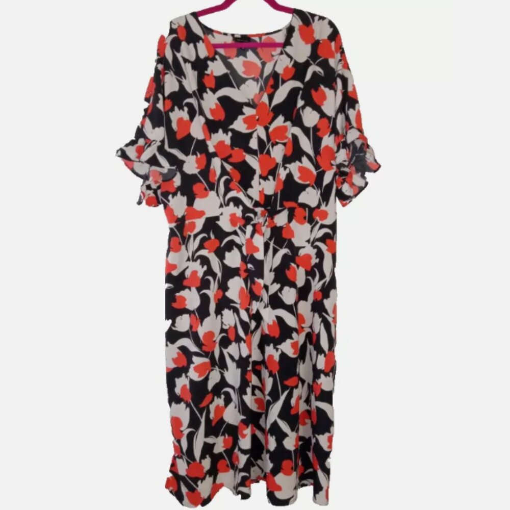 Who What Wear Midi Orange Black Cream Floral Front Tie Dress‎ Size 1X NWOT